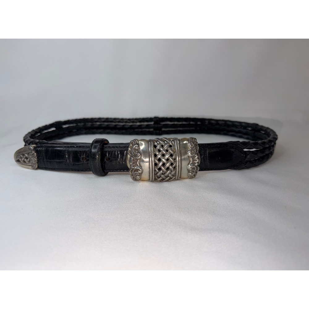 Vintage 1995 Brighton Black Braided Leather Belt Silver Lattice Buckle Size M
